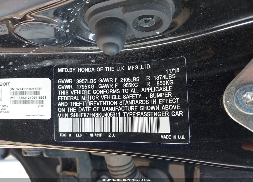 2019 HONDA CIVIC SPORT VIN: SHHFK7H43KU405311
