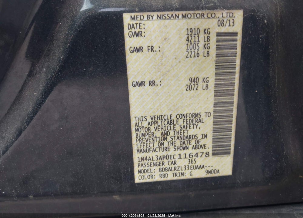 2014 NISSAN ALTIMA 2.5 S VIN: 1N4AL3AP0EC116478