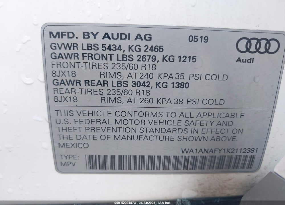 2019 AUDI Q5 45 PREMIUM VIN: WA1ANAFY1K2112381