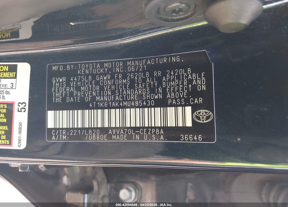 2021 TOYOTA CAMRY XSE VIN: 4T1K61AK4MU485430