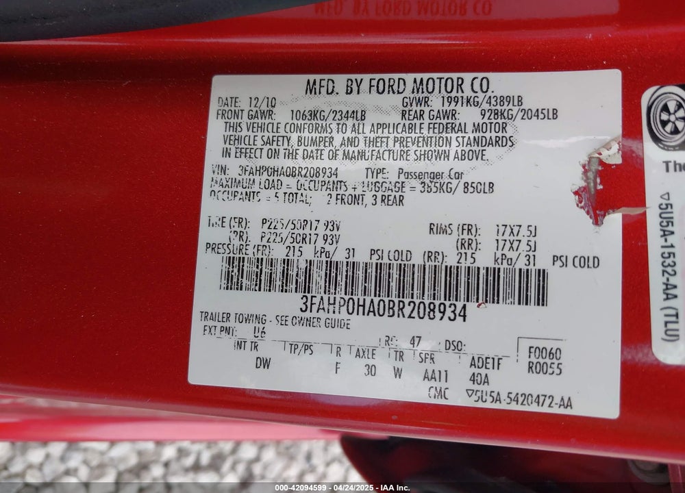 2011 FORD FUSION VIN: 3FAHP0HA0BR208934