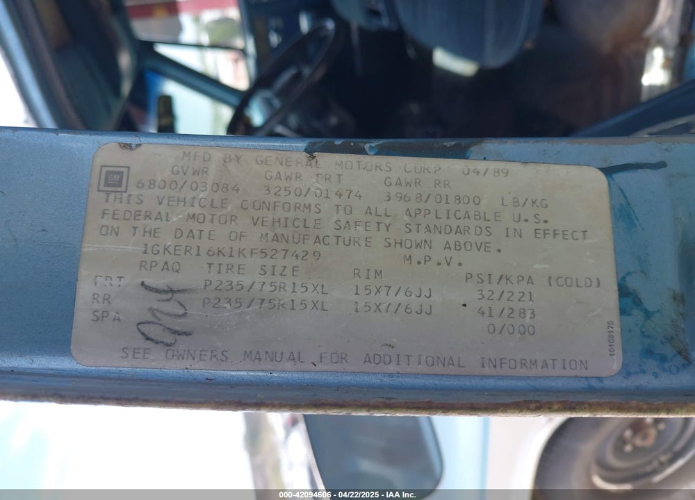 1989 GMC SUBURBAN R15 CONVENTIONAL VIN: 1GKER16K1KF527429