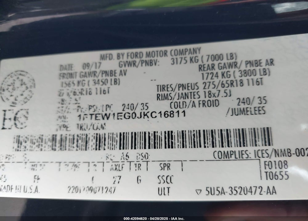 2018 FORD F-150 VIN: 1FTEW1EG0JKC16811