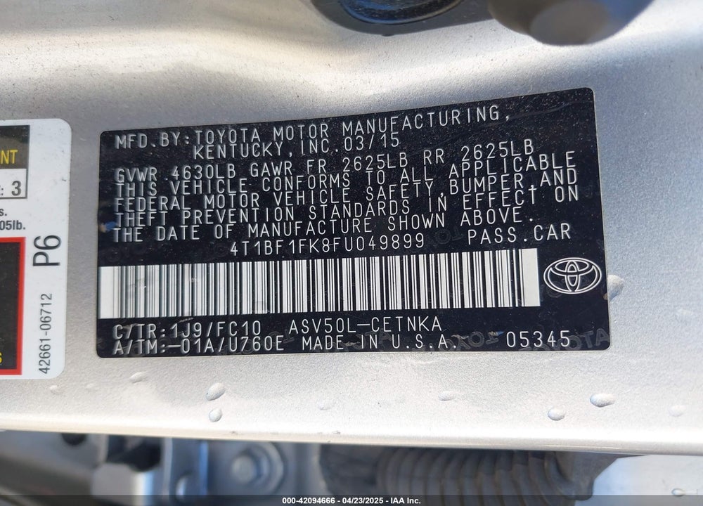 2015 TOYOTA CAMRY LE VIN: 4T1BF1FK8FU049899