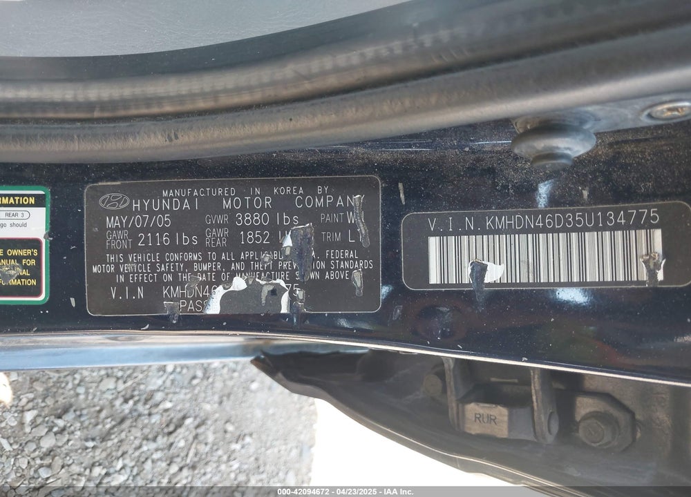 2005 HYUNDAI ELANTRA GLS/GT VIN: KMHDN46D35U134775