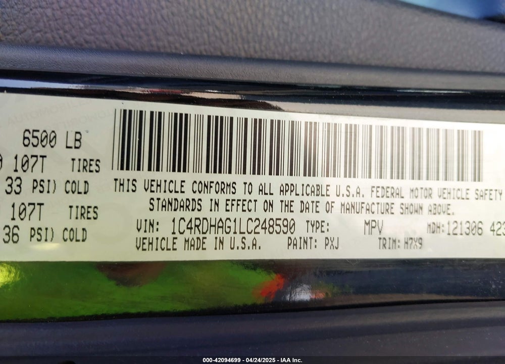 2020 DODGE DURANGO SXT PLUS RWD VIN: 1C4RDHAG1LC248590