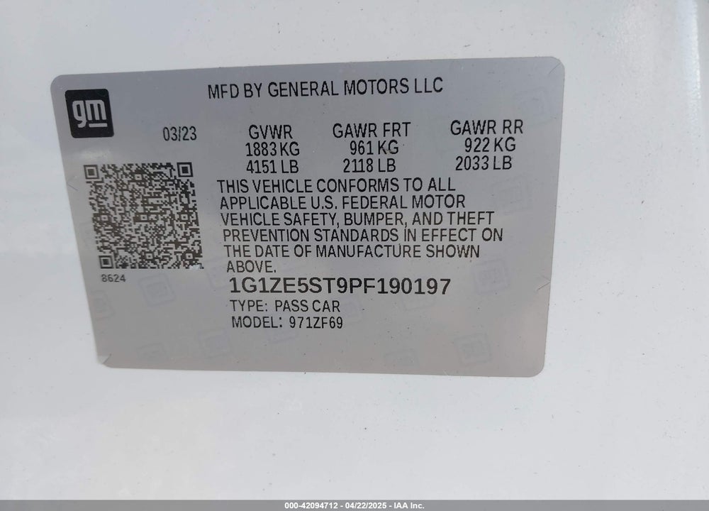 2023 CHEVROLET MALIBU VIN: 1G1ZE5ST9PF190197