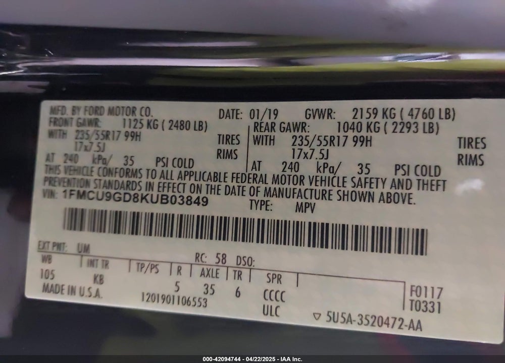 2019 FORD ESCAPE VIN: 1FMCU9GD8KUB03849