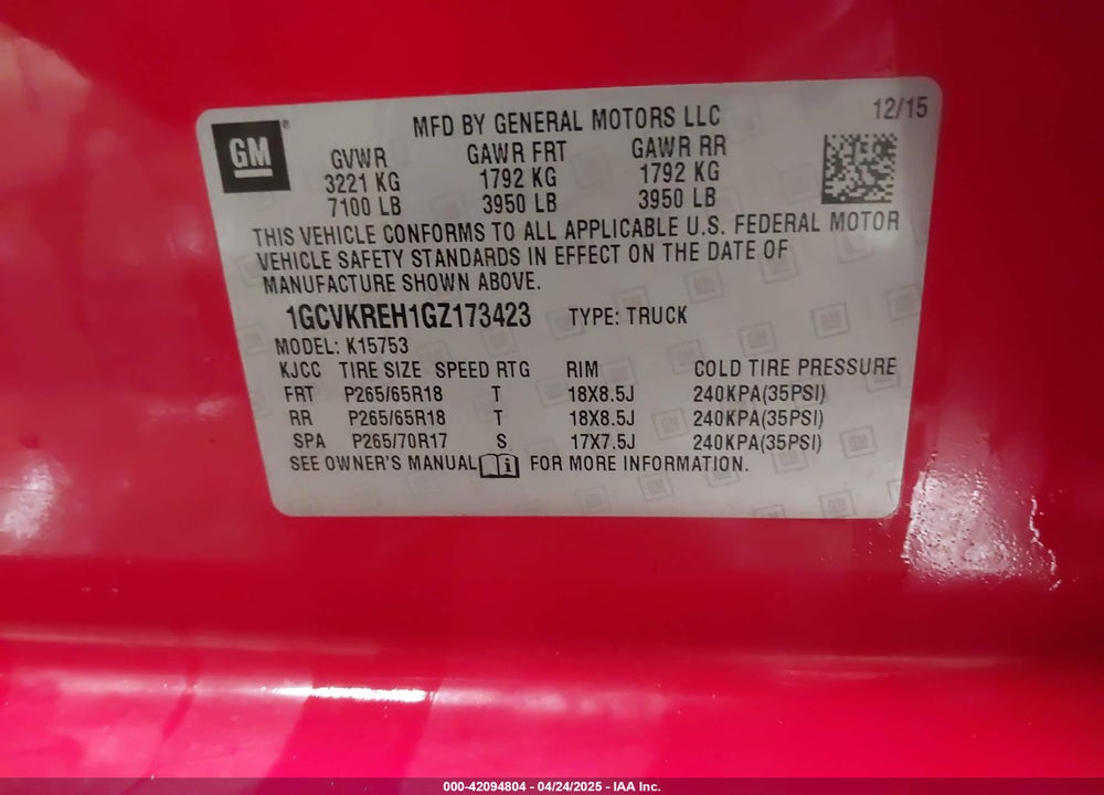 2016 CHEVROLET SILVERADO 1500 VIN: 1GCVKREH1GZ173423