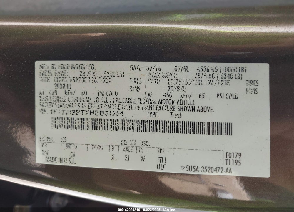 2017 FORD F-250 VIN: 1FT7W2BTXHEB51281