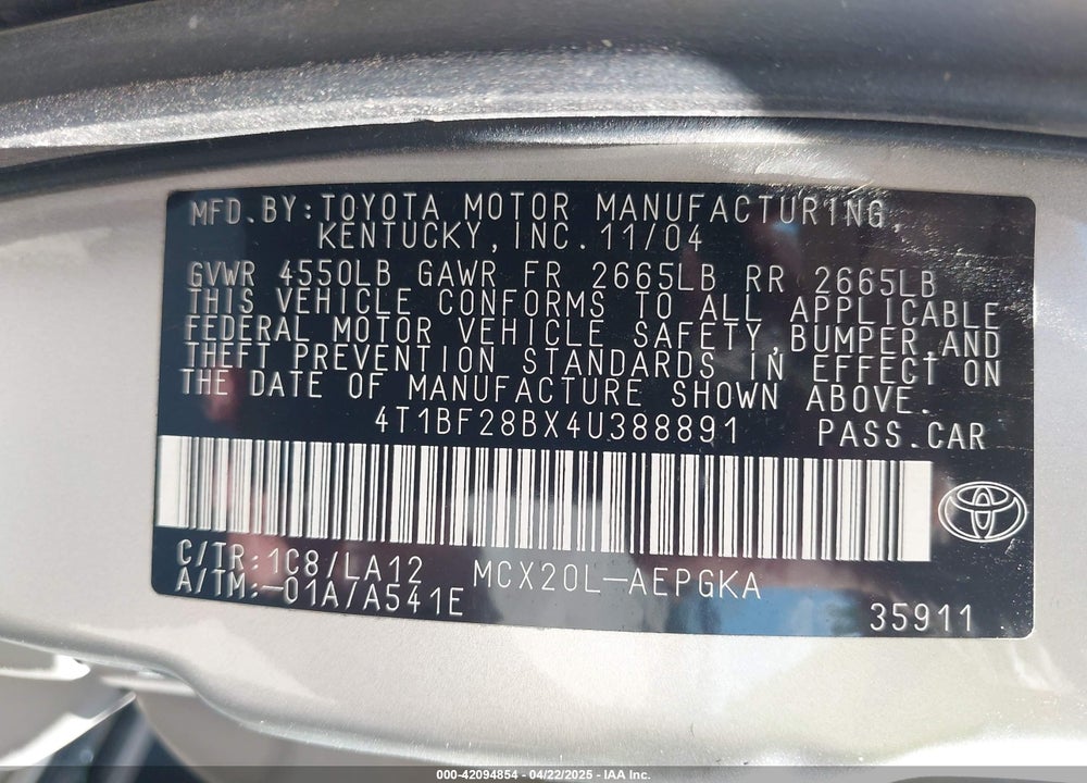 2004 TOYOTA AVALON XLS VIN: 4T1BF28BX4U388891