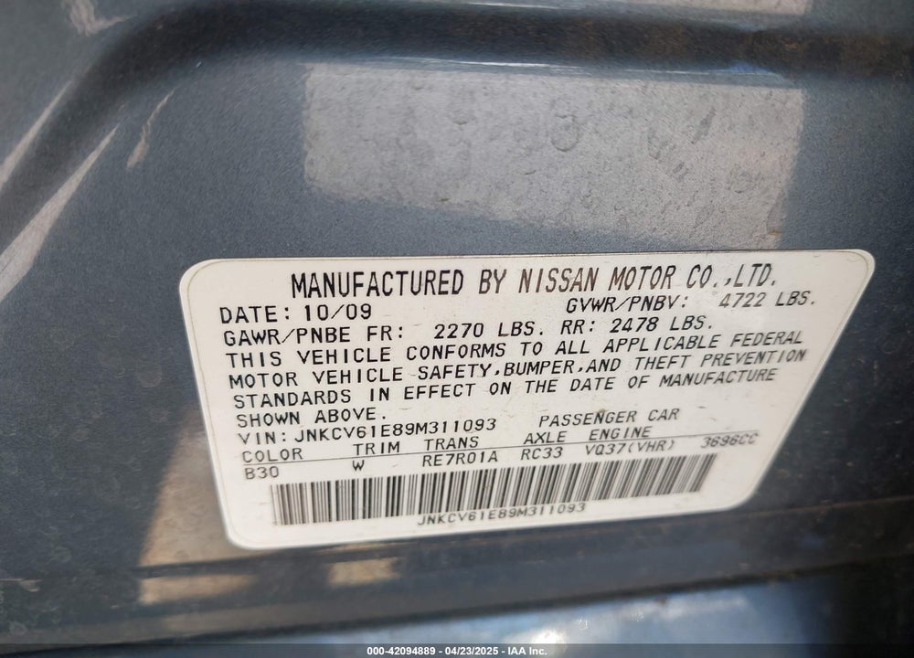 2009 INFINITI G37 VIN: JNKCV61E89M311093