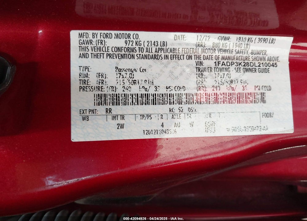 2013 FORD FOCUS SE VIN: 1FADP3K28DL210045