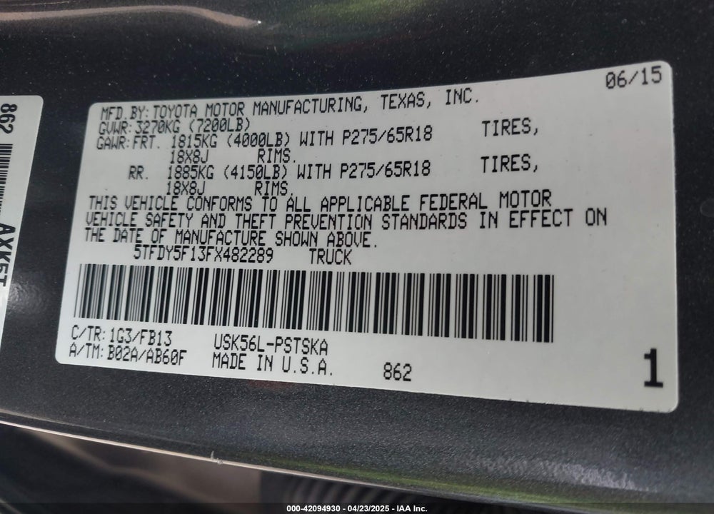 2015 TOYOTA TUNDRA VIN: 5TFDY5F13FX482289