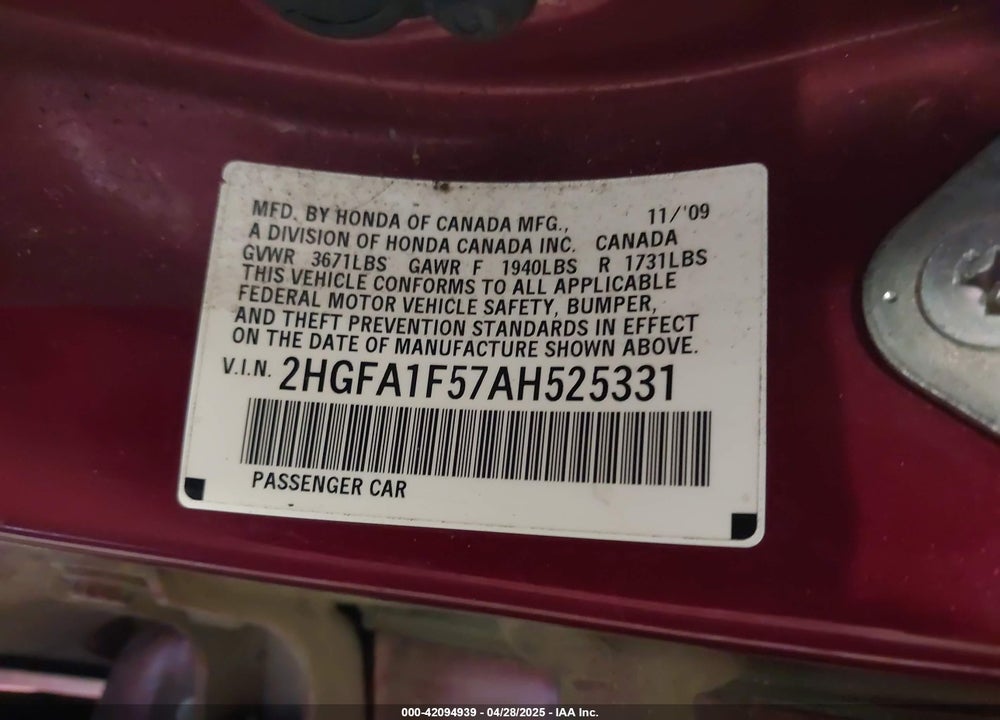 2010 HONDA CIVIC VIN: 2HGFA1F57AH525331