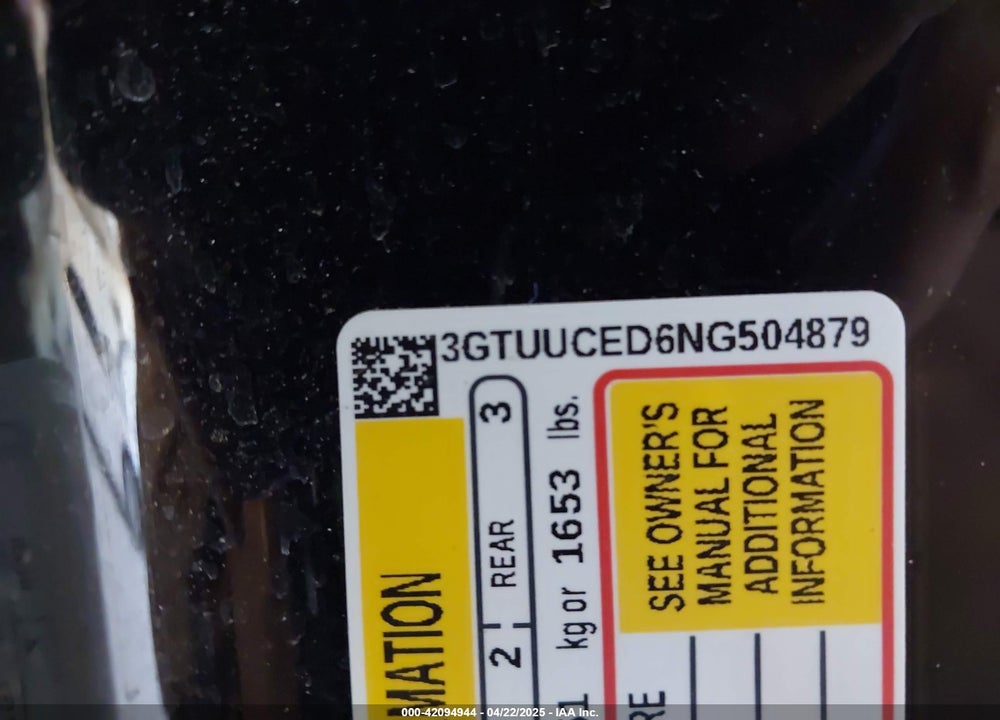2022 GMC SIERRA 1500 VIN: 3GTUUCED6NG504879