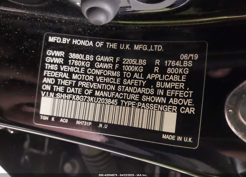 2019 HONDA CIVIC TYPE-R TOURING VIN: SHHFK8G73KU203845