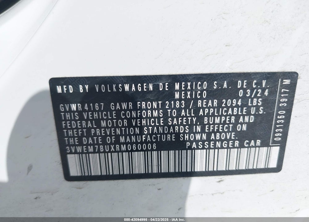 2024 VOLKSWAGEN JETTA VIN: 3VWEM7BUXRM060006