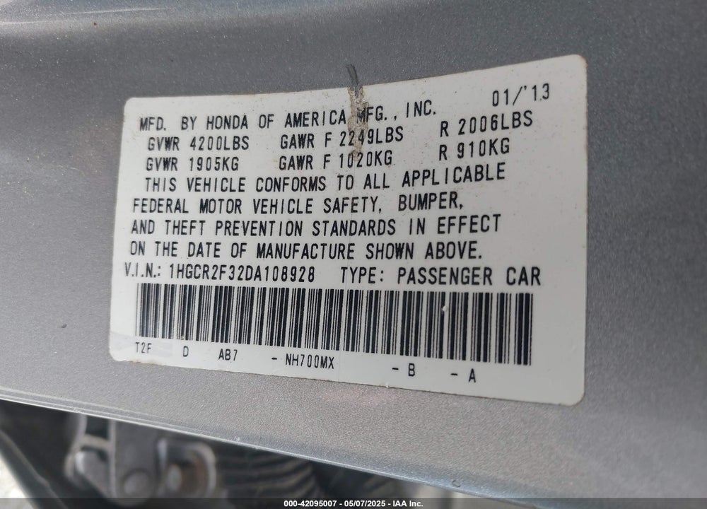 2013 HONDA ACCORD VIN: 1HGCR2F32DA108928