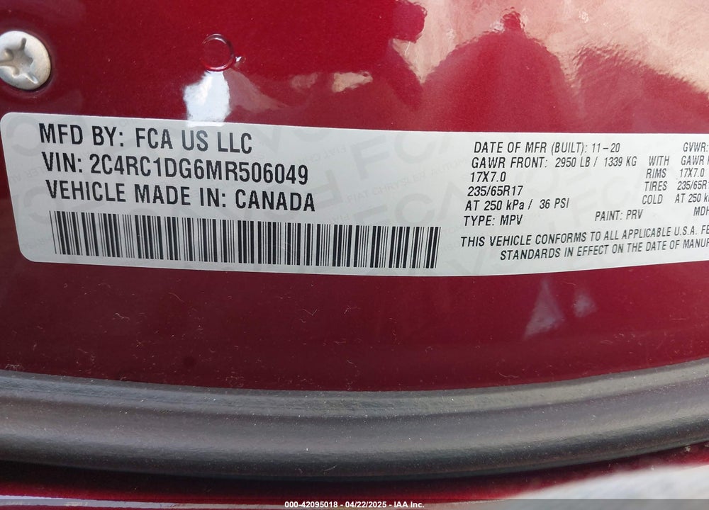 2021 CHRYSLER VOYAGER LXI VIN: 2C4RC1DG6MR506049
