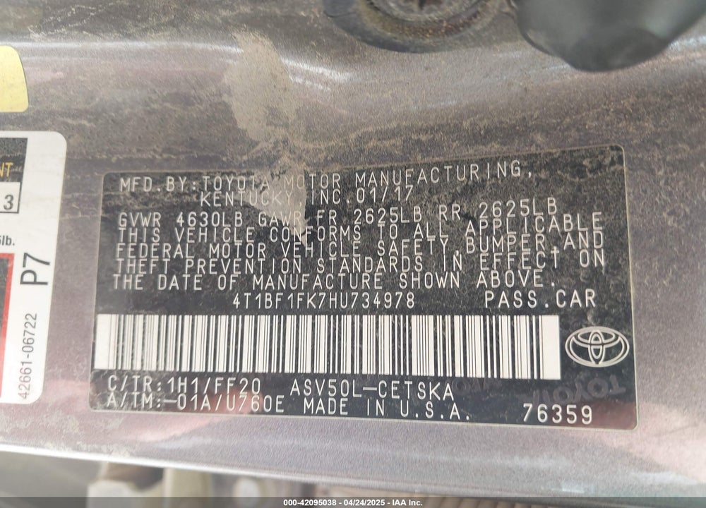 2017 TOYOTA CAMRY VIN: 4T1BF1FK7HU734978
