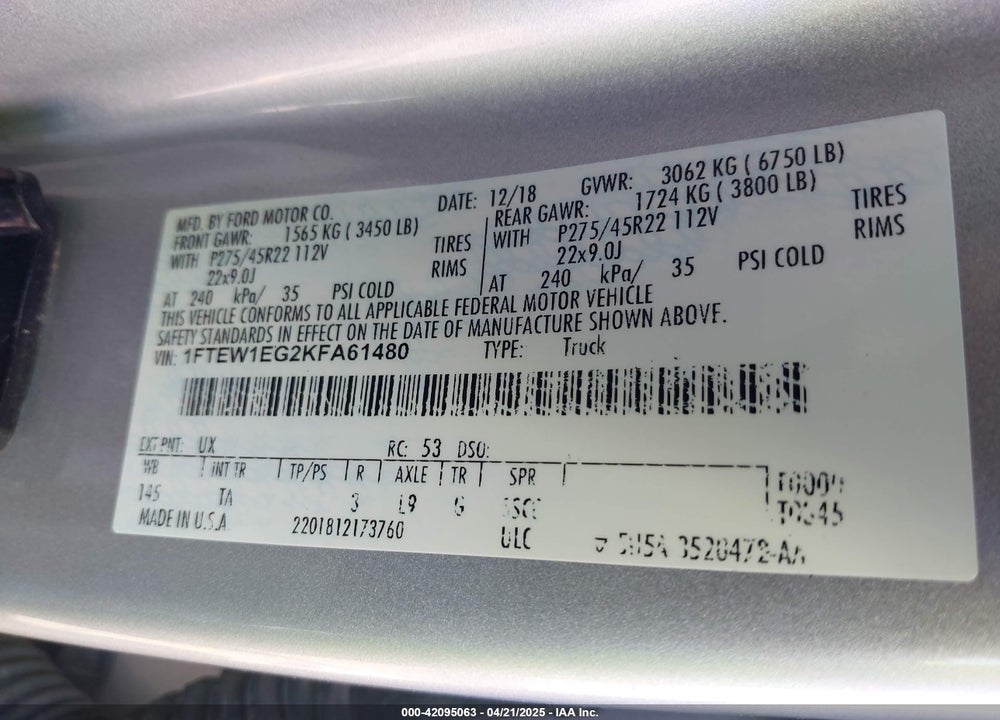 2019 FORD F-150 VIN: 1FTEW1EG2KFA61480