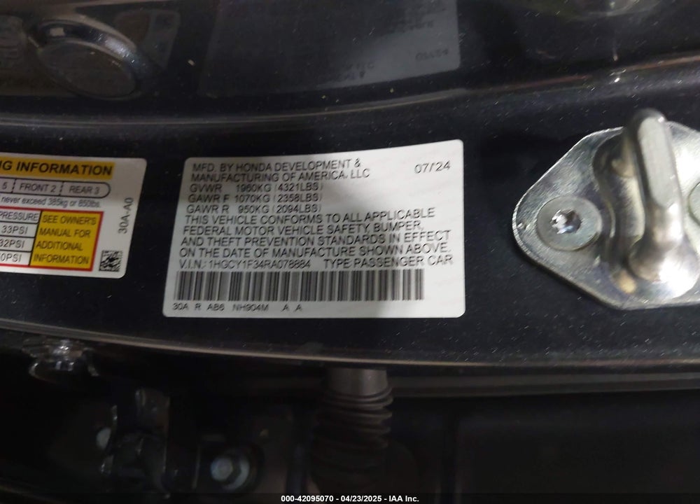 2024 HONDA ACCORD EX VIN: 1HGCY1F34RA078884