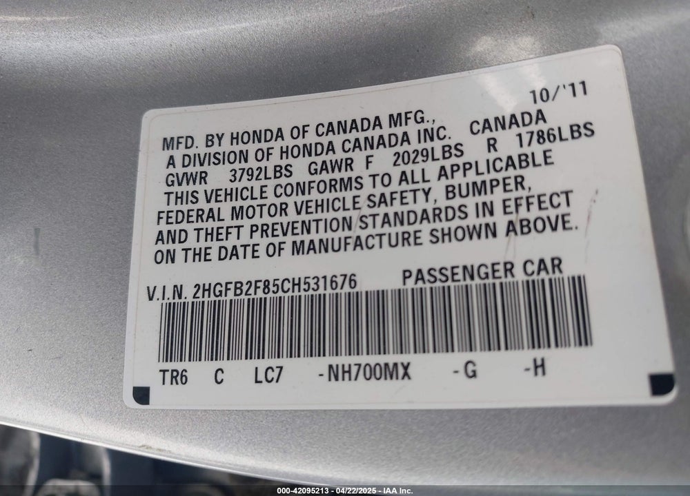 2012 HONDA CIVIC VIN: 2HGFB2F85CH531676