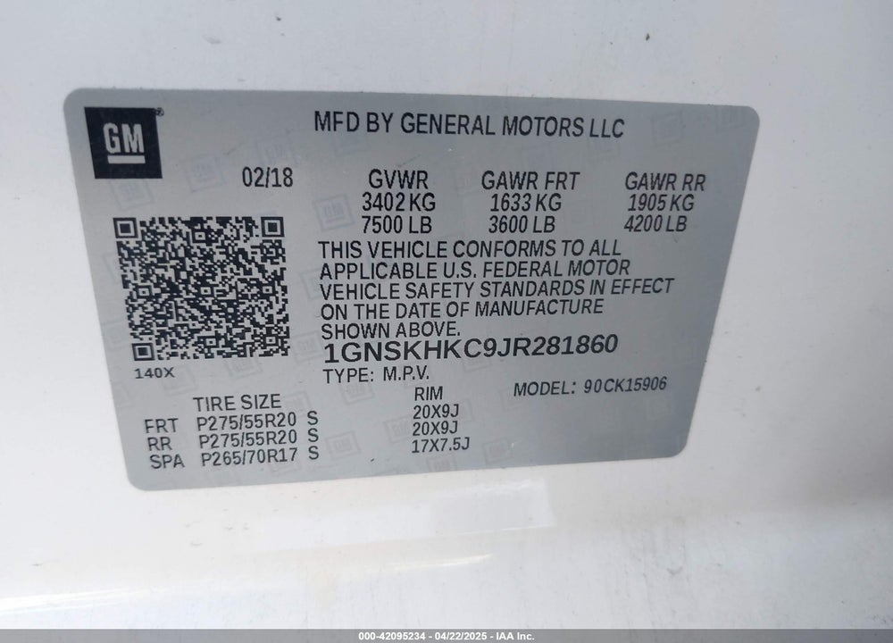 2018 CHEVROLET SUBURBAN VIN: 1GNSKHKC9JR281860