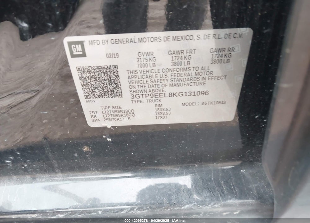 2019 GMC SIERRA 1500 VIN: 3GTP9EEL8KG131096