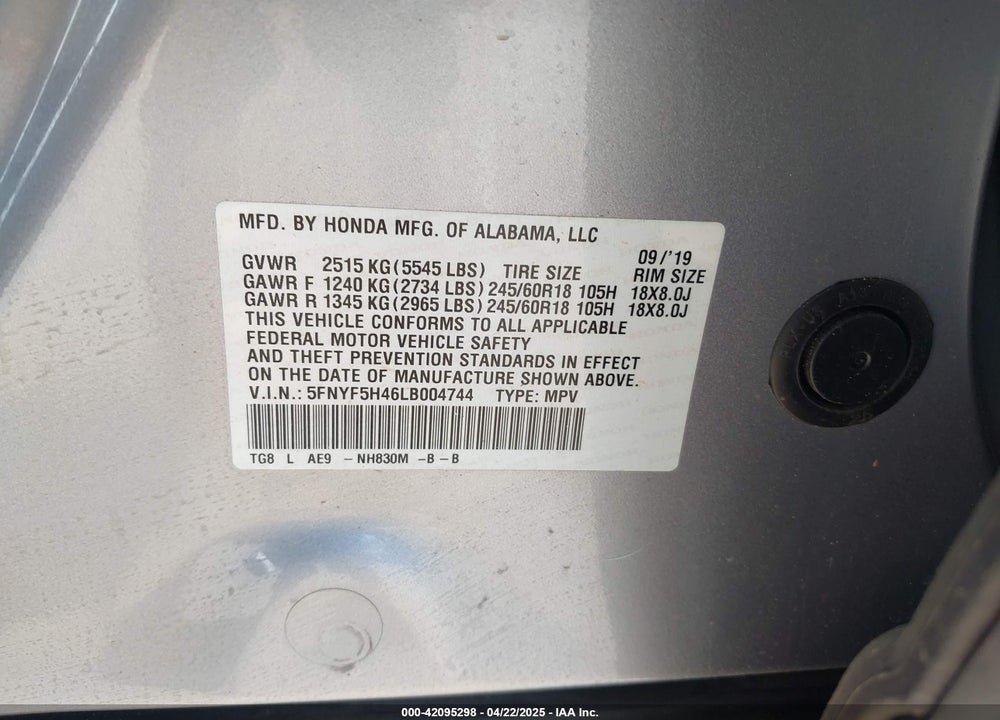 2020 HONDA PILOT VIN: 5FNYF5H46LB004744