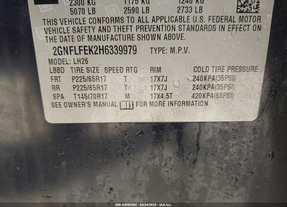 2017 CHEVROLET EQUINOX VIN: 2GNFLFEK2H6339979