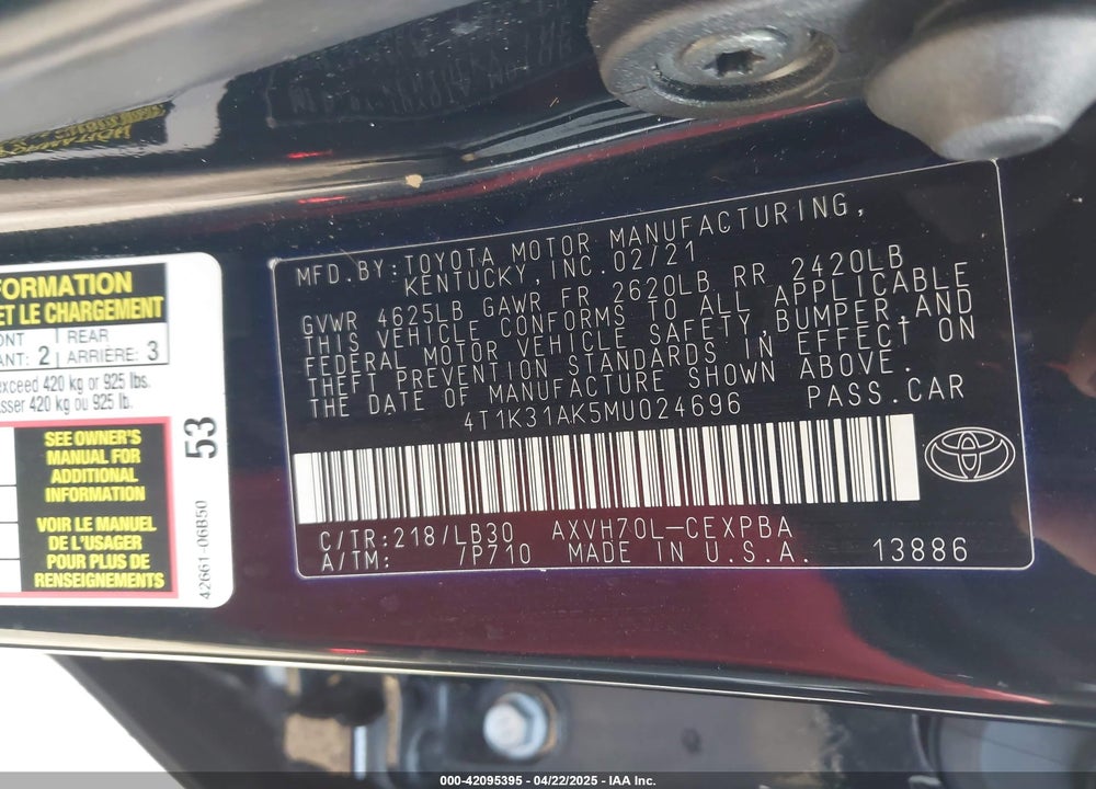 2021 TOYOTA CAMRY XSE HYBRID VIN: 4T1K31AK5MU024696