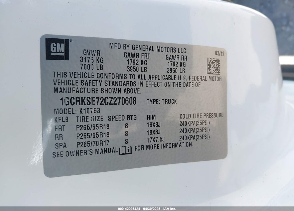 2012 CHEVROLET SILVERADO 1500 LT VIN: 1GCRKSE72CZ270608