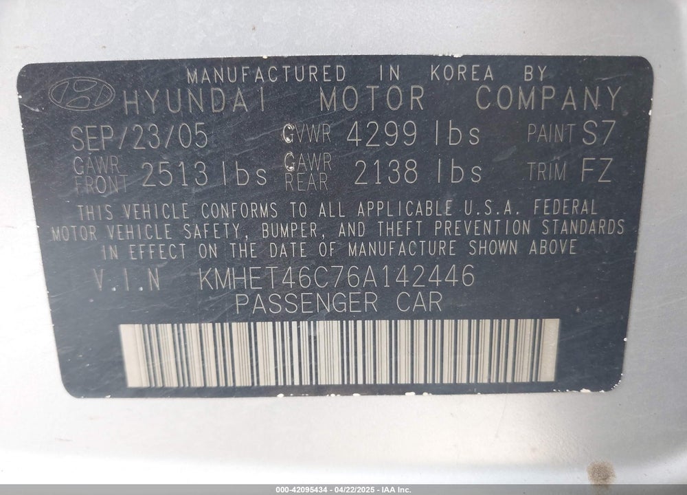 2006 HYUNDAI SONATA VIN: KMHET46C76A142446