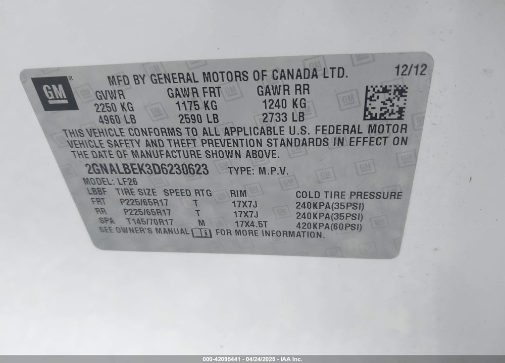 2013 CHEVROLET EQUINOX VIN: 2GNALBEK3D6230623