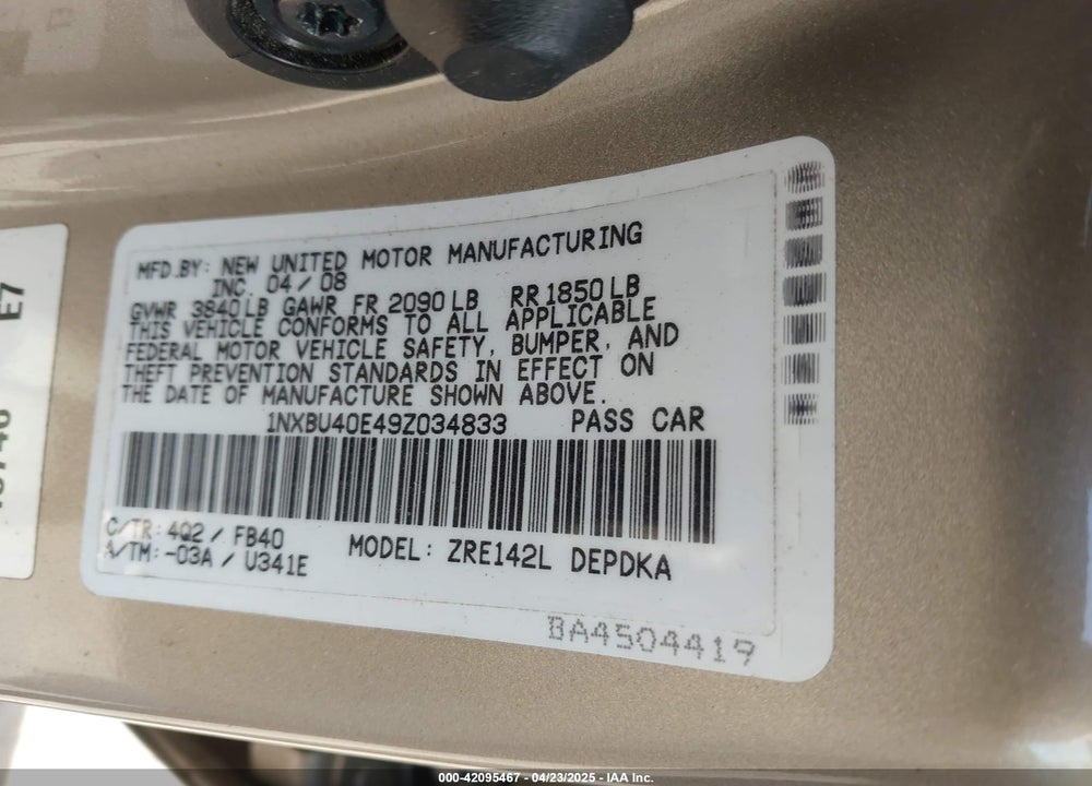 2009 TOYOTA COROLLA VIN: 1NXBU40E49Z034833