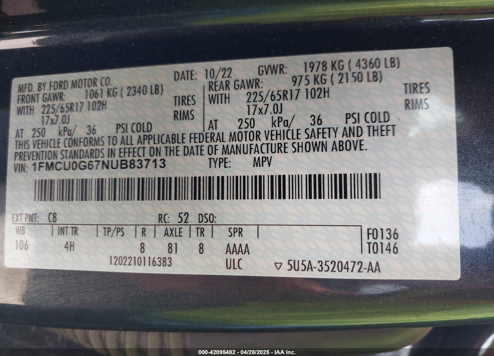 2022 FORD ESCAPE SE VIN: 1FMCU0G67NUB83713