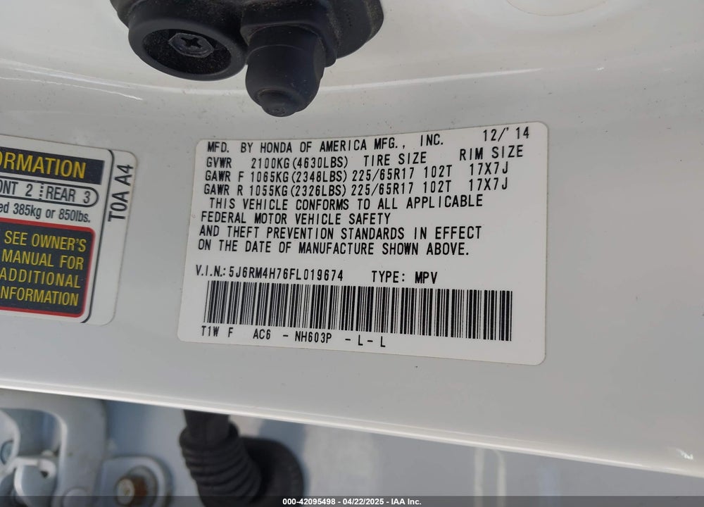 2015 HONDA CR-V EX-L VIN: 5J6RM4H76FL019674