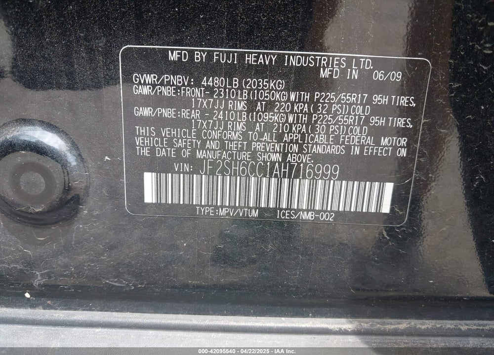 2010 SUBARU FORESTER 2.5X PREMIUM VIN: JF2SH6CC1AH716999