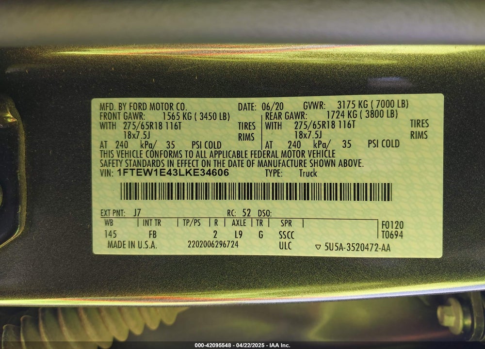2020 FORD F-150 VIN: 1FTEW1E43LKE34606