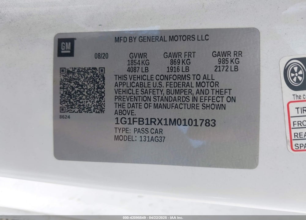 2021 CHEVROLET CAMARO VIN: 1G1FB1RX1M0101783