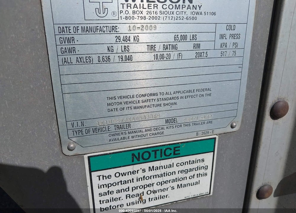 2010 WILSON TRAILER CO LIVESTOCK TRAILER VIN: 1W1UCSWJXAD538869