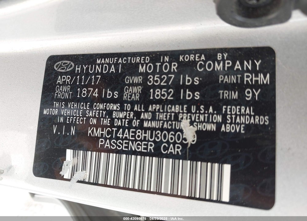 2017 HYUNDAI ACCENT VIN: KMHCT4AE8HU306059