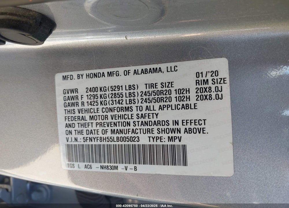 2020 HONDA PASSPORT VIN: 5FNYF8H55LB005023