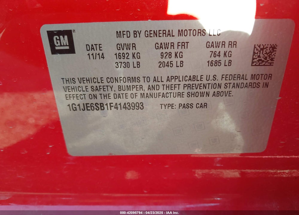 2015 CHEVROLET SONIC VIN: 1G1JE6SB1F4143993