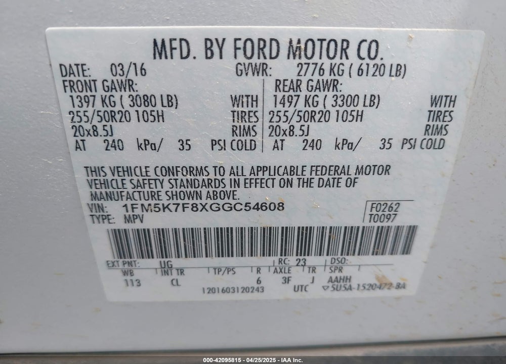 2016 FORD EXPLORER LIMITED VIN: 1FM5K7F8XGGC54608