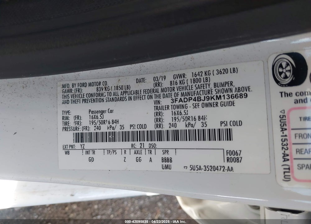 2019 FORD FIESTA SE VIN: 3FADP4BJ9KM136689