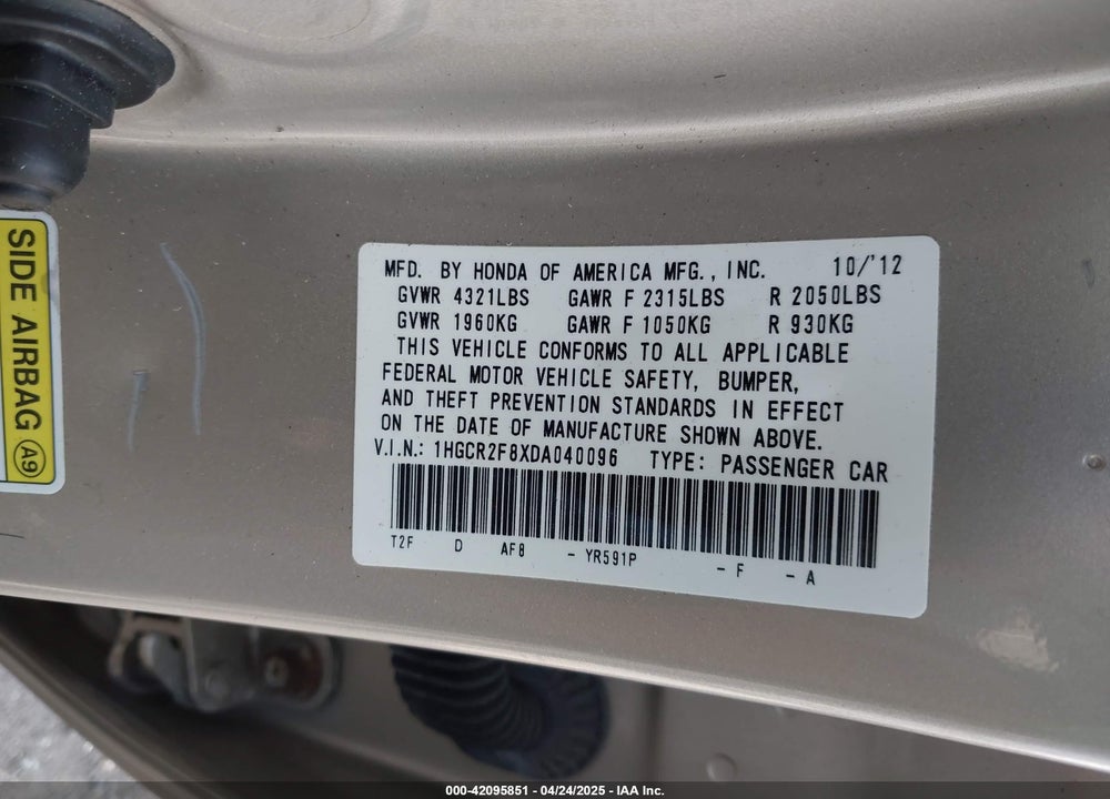 2013 HONDA ACCORD EX-L VIN: 1HGCR2F8XDA040096