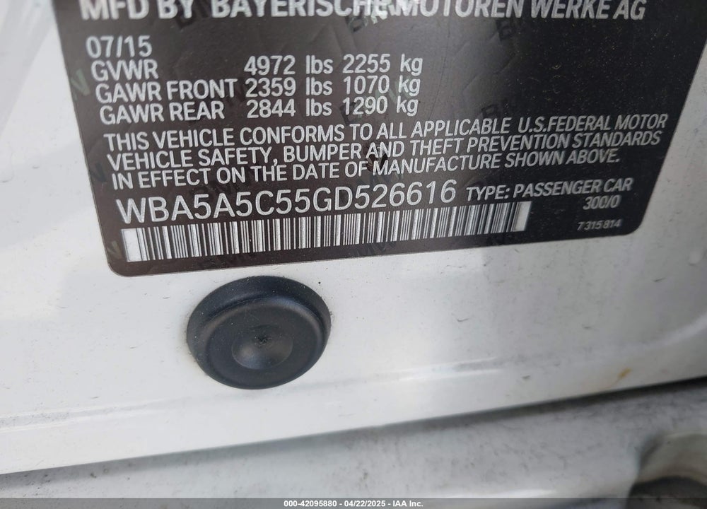 2016 BMW 5 SERIES VIN: WBA5A5C55GD526616